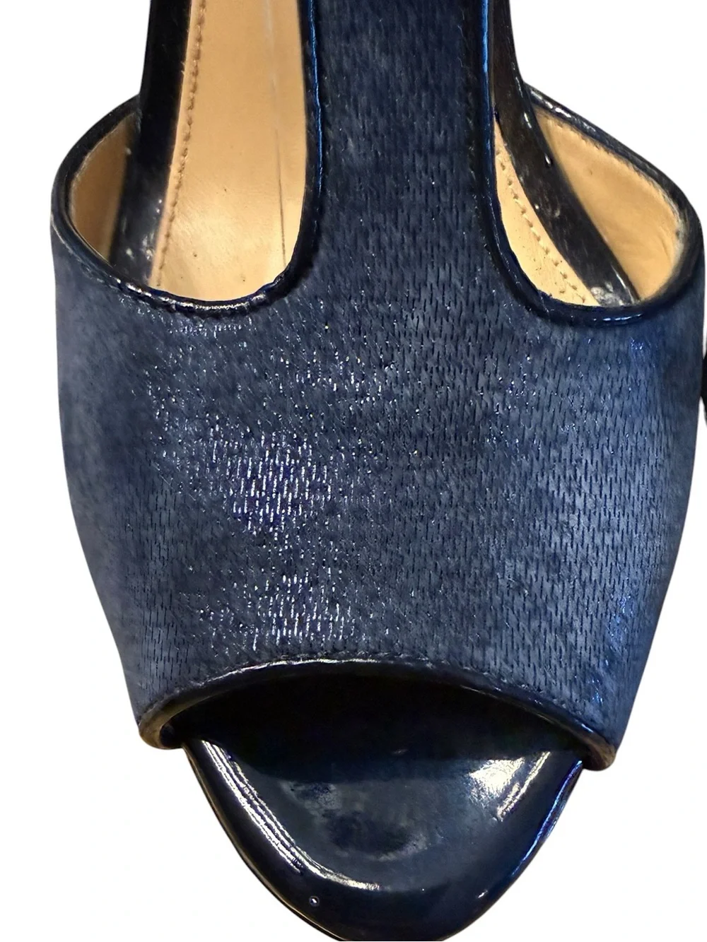 ANTONIO MELANI Navy Blue T-Strap Jeweled 4”  Heels Womens Size 8 Leather Sole